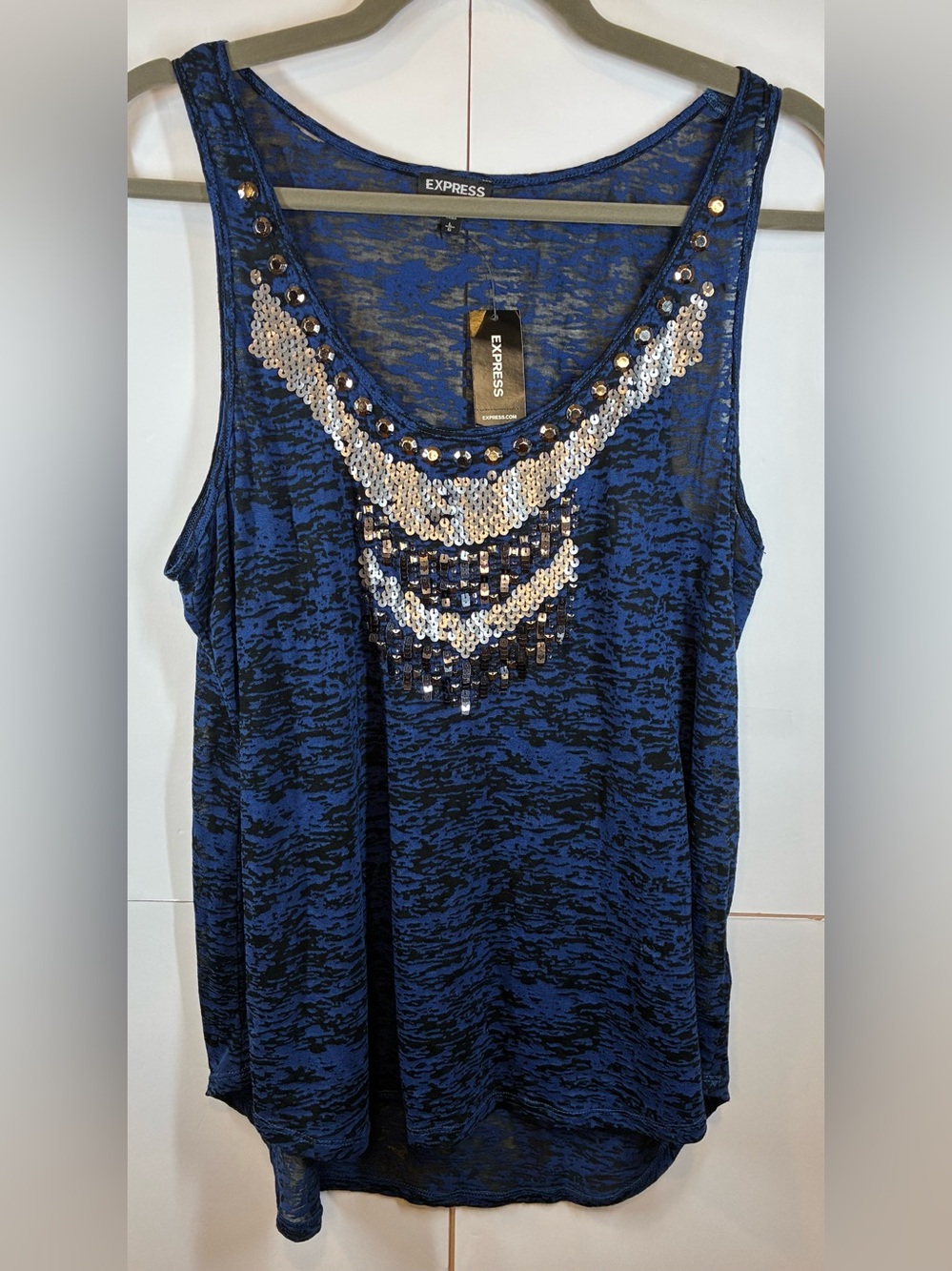 NWT Express Blue Sequin Embellished Burnout Tank Top Women's Large